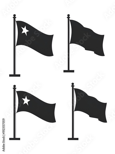 Set of 4 black flag icons, flags silhouette collection, waving flags, vector graphic design, black flag symbols, transparent background, minimalistic flag icons