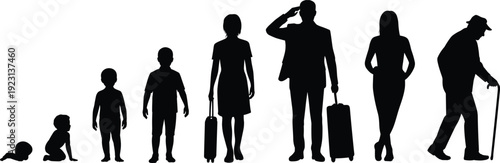 Female life stages silhouette set from crawling baby to elderly woman with cane, human growth and aging progression concept