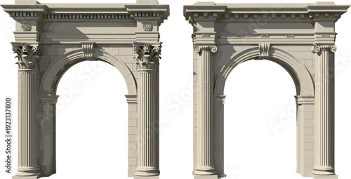 Neoclassical architectural archways with ornate columns, Corinthian capitals, decorative entablatures, symmetrical design, historical architecture illustration for cultural heritage