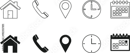 Outline and filled user interface icons set, home phone location time calendar, vector design for app navigation and digital UI