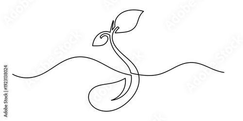 Minimalist One Line Drawing of Growing Plant Sprout. Continuous Line Art Seedling with Leaf Illustration