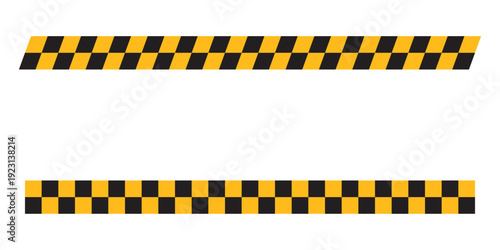 Tapes or borders with chequered black and yellow print in straight and slanted position. Police or taxi car style backgrounds. Repeated squares patterns. Vector flat illustration
