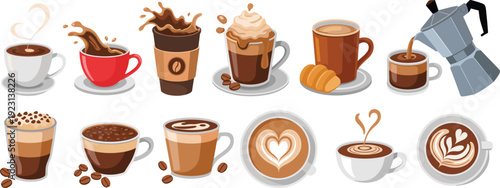 Coffee drinks collection with espresso, cappuccino, latte art, takeaway cup and moka pot, hot beverages vector illustration set