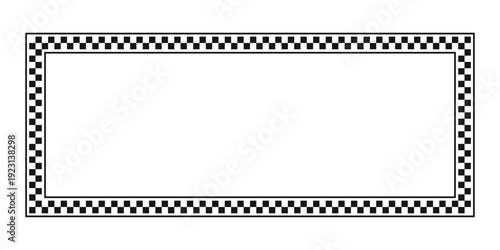 Rectangle banner frame with checkered black and white print. Rectangular vignette with checkerboard, rally flag or chessboard texture isolated on white background. Vector graphic illistration