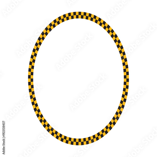 Oval taxi or police car frame with black and orange chequered border isolated on white background. Elliptic vignette with checkerboard print. Ellipse shaped framework. Vector flat illistration
