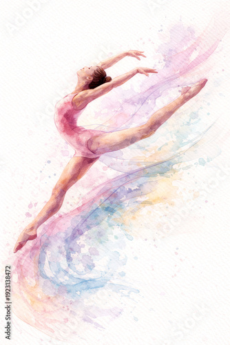 Elegant watercolor illustration of a ballerina mid leap, her pink silhouette flowing through pastel splashes of lavender, peach, and blue, capturing grace, strength, and lyrical motion.