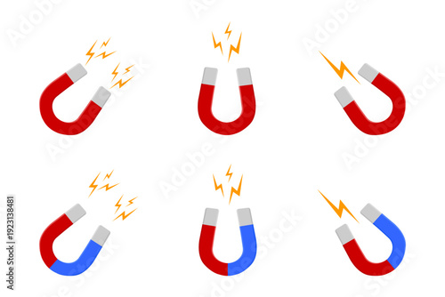 Set of red and blue U-shaped horseshoe magnets with lightning flash effects isolated on white background. Magnetic power, attraction or influence concept. Vector flat illustration.