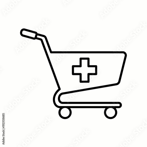 A medical shopping cart with a plus sign, signifying health and purchase of healthcare products