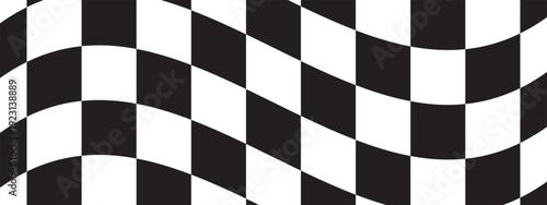 Wavy checkered black and white pattern. Winding race flag or chess board background. Simple geometric print. Vector graphic illustration