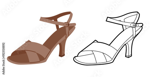 Brown low heel sandal shoe women flat plus line set. Cross strap dress shoe for office, capsule wardrobe. Technical fashion illustration, CAD mockup, mixed vector men unisex isolated stylish style.
