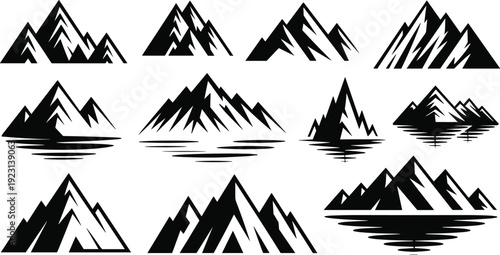 Mountain silhouettes collection with peaks, alpine ranges and water reflections, minimalist nature landscape vector icon set