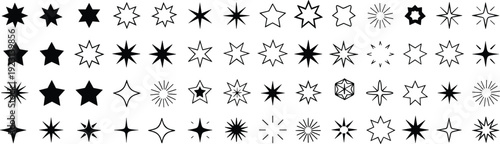 Star icons set with solid, outline and sparkle shapes, rating symbols and decorative sparkle elements collection
