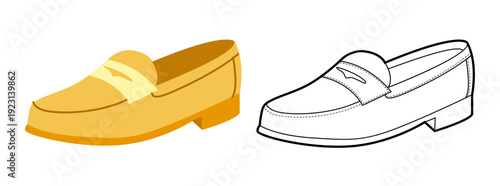 Yellow loafer shoe women flat plus line set. Strap front casual footwear for branding poster lifestyle project. Technical fashion illustration CAD mockup mixed vector man unisex isolated stylish style