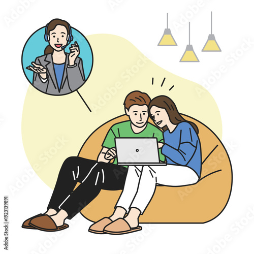 パソコンを操作しながらオペレーターと会話している家族