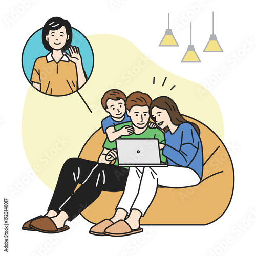 パソコンで友人と会話している家族