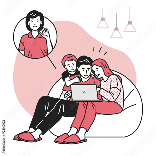 パソコンで友人と会話している家族