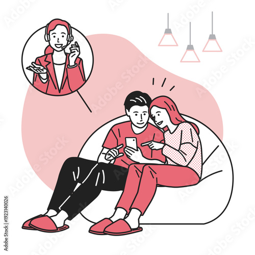 スマホでオペレーターと会話している家族