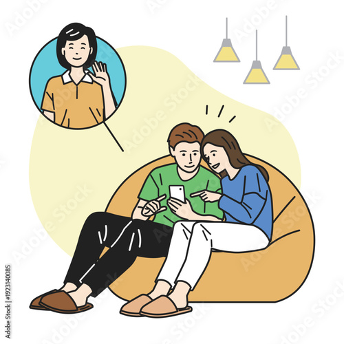 スマホで友人と会話しているカップル