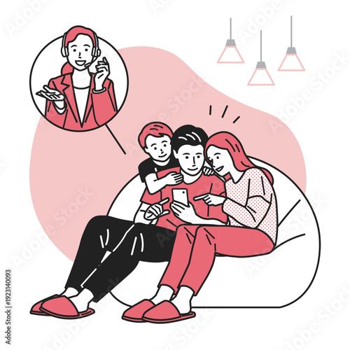 スマホでオペレーターと会話している家族