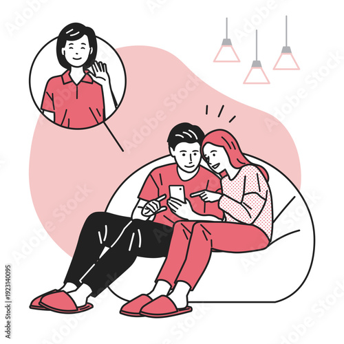 スマホで友人と会話しているカップル