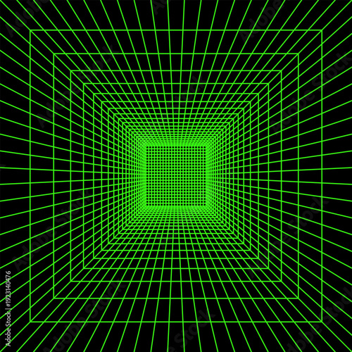 Square green neon 3D wireframe in perspective on black background. Room, portal or studio grid texture in futuristic cyberpank style. Techno, metaverse or virtual reality space. Vector illustration