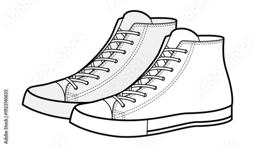 High top canvas sneakers shoe sketch pair. Retro street footwear for skate culture, scene, youth style for man woman unisex. Technical fashion illustration, CAD mockup, detailed vector isolated style.