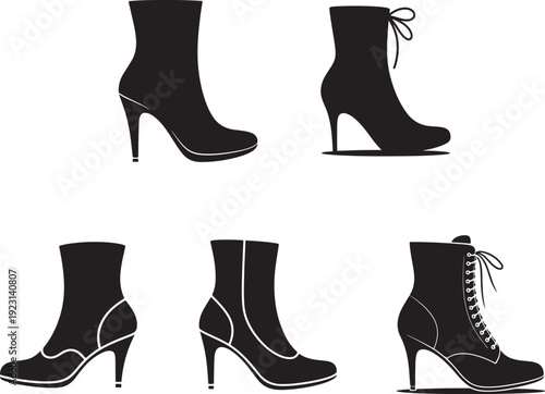 Five Black Heeled Boots with Different Styles black boots
