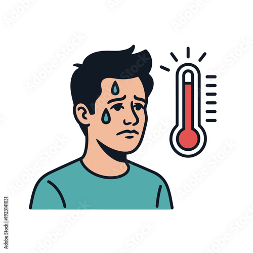 A man feeling hot and sweaty next to a thermometer icon