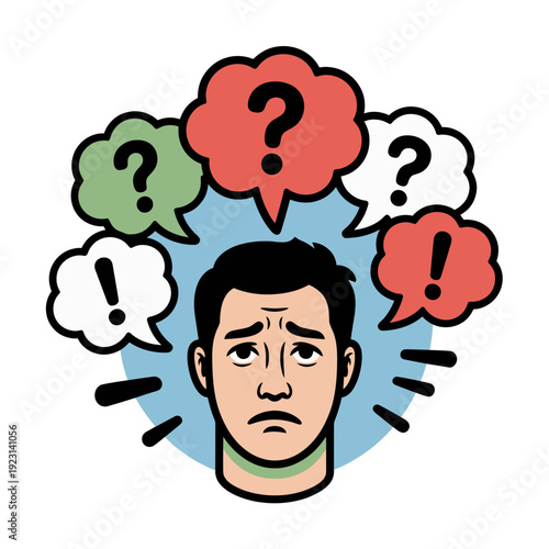 A confused man with question marks and exclamation points surrounding his head in a thought bubble illustration