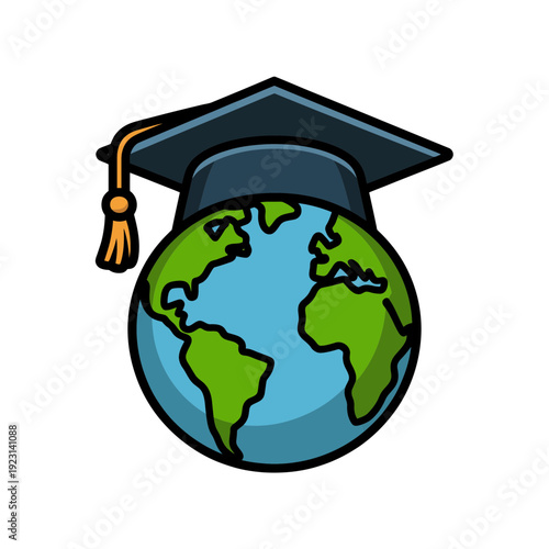 A colorful vector illustration of a graduation cap on top of a globe, symbolizing global education and learning