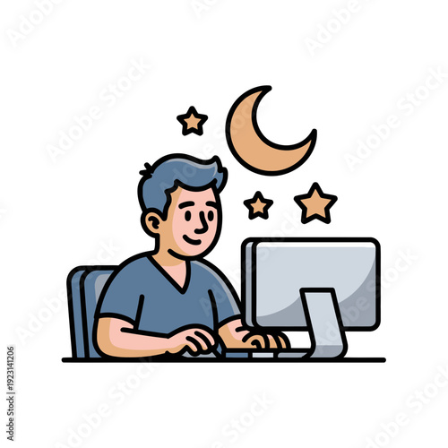 A cartoon man sitting at a computer with a dreamy expression, surrounded by stars and a crescent moon.