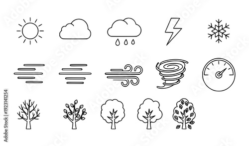 Simple flat weather icon set with seasonal climate symbols vector isolated on transparent background