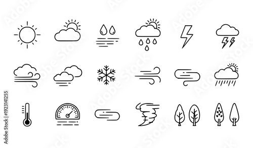 Minimal line weather icon set with seasonal climate symbols vector isolated on transparent background