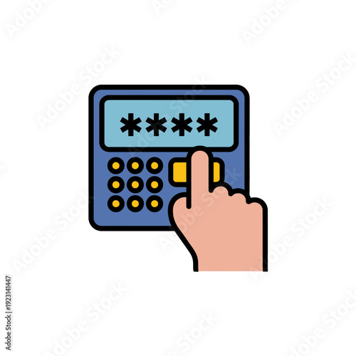 A hand entering a secure password on a digital keypad with asterisk placeholders