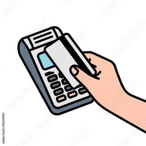 A hand holding a pen and using a payment terminal to make a transaction.
