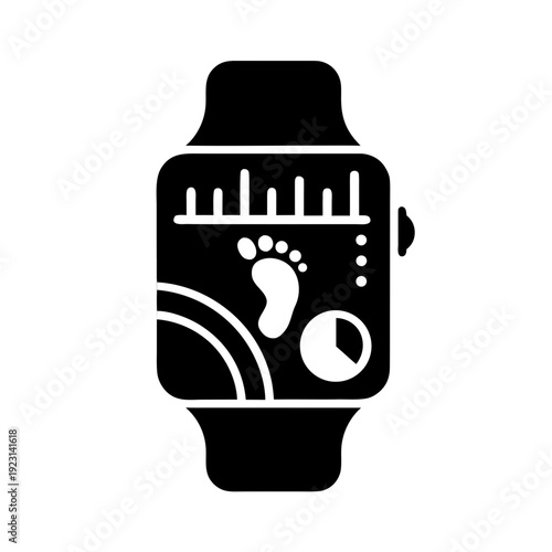 A black and white icon of a smartwatch with a baby footprint on the screen