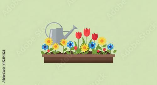 Colorful flowers and watering can in brown planter on green background gardening concept with vibrant tulips and daisies