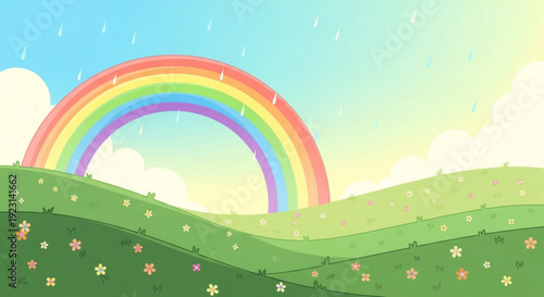 Vibrant rainbow appears in cloudy sky over green hills with flowers