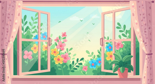 Open window with colorful flowers and green plants on a sunny day with blue sky and birds flying outside