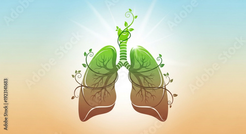 Healthy lungs with green leaves and vines symbolizing wellness and air purification against a radiant background
