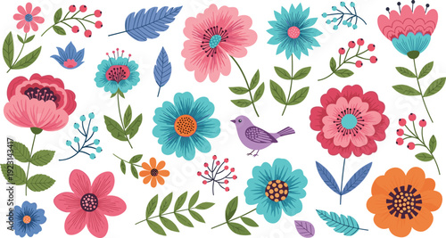 Folk Art Inspired Vector Floral Collection Featuring Stylized Flowers, Leaves, and a Bird for Vibrant Patterns, Greeting Cards, and Textile Designs