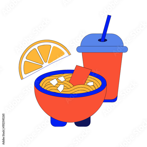 A bowl of noodles and a drink with a slice of lemon