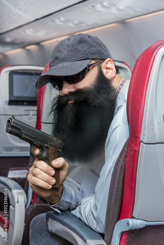 Tableau sur toile Bearded man looks like a terrorist sitting in a flying plane and holding a gun i