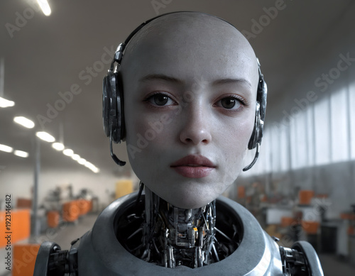 Close-up portrait of a realistic female cyborg or android with a human face and mechanical neck, wearing a communication headset