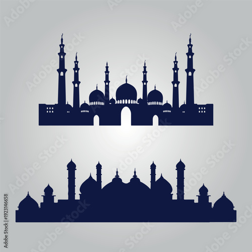 Islamic Mosque Silhouette with Domes and Minarets