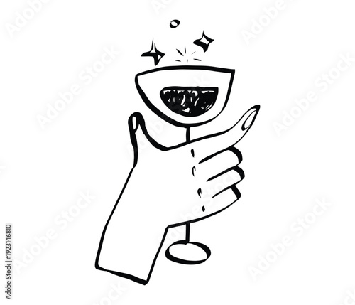 Elegant wine glass doodle illustration with charcoal sketch aesthetic, featuring grape vine elements ideal for French bistro menus, toast celebrations and retro drink concepts.