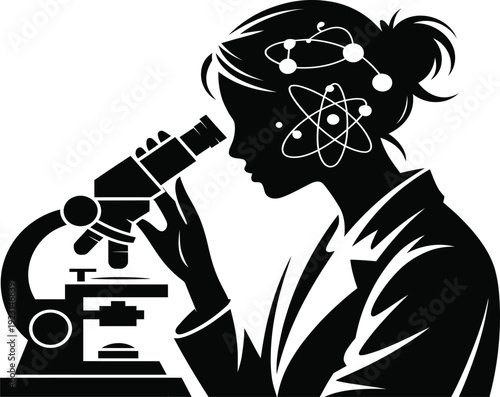 Black silhouette of a female scientist looking through a microscope with an atom symbol on her head