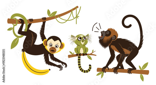 Cartoon monkeys and lemur hanging from tree branches playfully