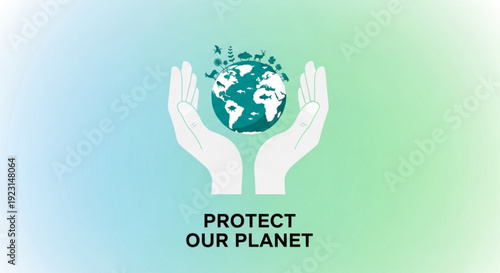 Hands holding earth globe with eco friendly icons on gradient background protect our planet text