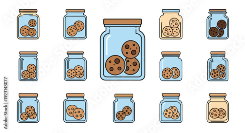 Chocolate chip cookies in glass jar vector illustration icon set